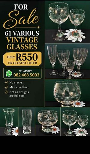 61 Vintage Glasses Bulk Set - Wine, Flutes & Liqueur
