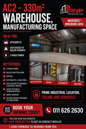 AC2 – 330m² Warehouse, Manufacturing Space