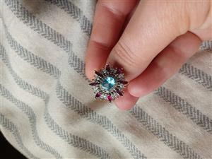 Silver ring for sale with semi- precious stones. Purple, blue and white in colou