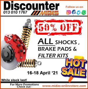 50% OFF ALL Shocks, Brake Pads & Filter Kits at Discounter Midas! 