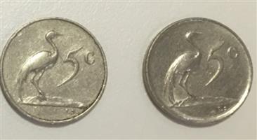 1965 and 1977 South Africa 5 cent coins