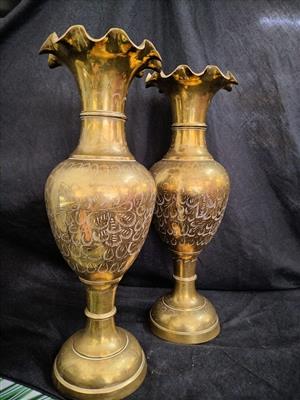 Set of 2 Vintage Etched Brass Vases with Scalloped Tulip Rim
