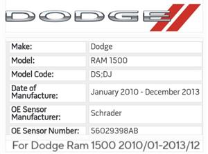Dodge RAM 1500 TPMS tyre pressure monitor sensors and valves 