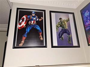 Superhero poster, paintings and drawings framed and figurines