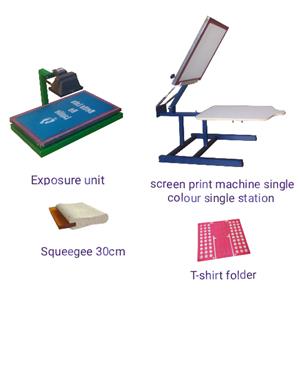 Screen print machine 1 Station 1 Colour, wooden 30cm Squeegee, T-shirt folder and Exposure unit 