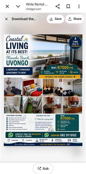 MANABA BEACH APARTMENT TO RENT BY OWNER