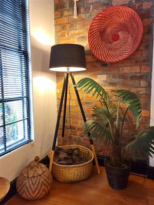 Wood and Metal Tripod Floor Light with Lamp Shade