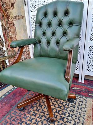 Vintage Green Leather Office Armchair