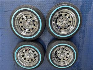 14 INCH A-LINE STEEL (CHROME) RIMS + TYRES 185/70/R14 WSW