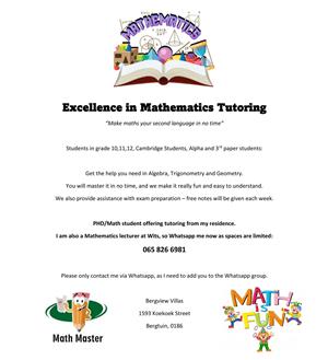 Mathematics tutoring offered from my centre in Pretoria close to waverly