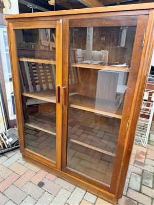 Vintage stylr teak wooden display cabinet with glass doors