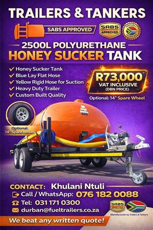 2500L DOUBLE AXLE BRAKED POLYURETHANE HONEY SUCKER TANK