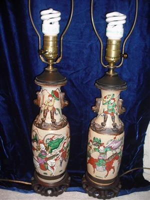 Pair of Chinese porcelain crackle ware multi color vases/lamps