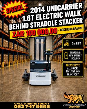 1 Uni Carrier 1.6T Electric Walk Behind Straddle Stacker 