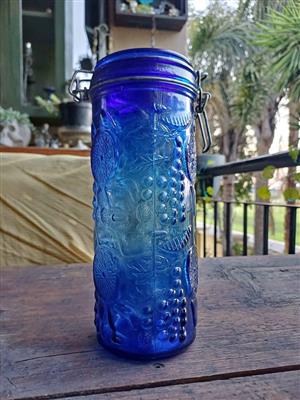 1x Vintage 1970s Cobalt Blue Glass Canister | Fruit Embossed 