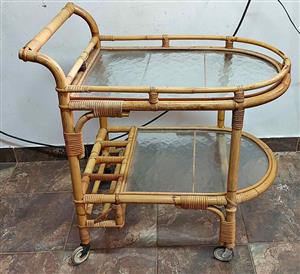 Two tier bamboo tea trolley on castors