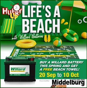 Buy a Willard Battery this spring & get a FREE beach towel at Middelburg Midas!