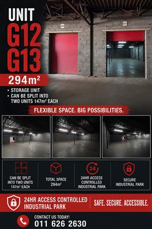 G12 – 147m² – G13 – 147m² Total – 294m² Secure Storage Space To Let