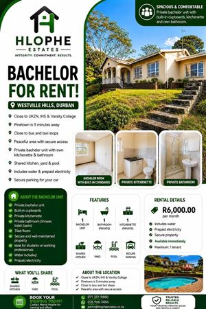 HLOPHE ESTATES PRESENTS THIS BEAUTIFUL BACHELOR IN WESTVILLE NORTH FOR RENT