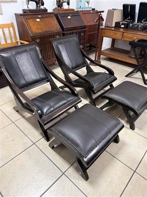 Genuine leather and solid wood lazy chair with a matching ottoman ( price per set)