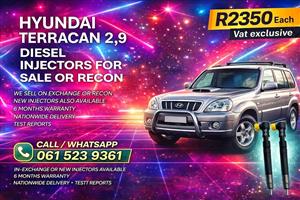 Hyundai Terracan 2.9 diesel injectors for sale - we sell on service exchange and can supply new.
