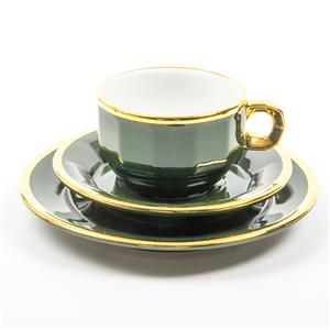 12 PILLIVUYT France Depuis 1818 cups & saucers dark green with gold trim for coffee or tea 