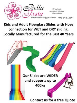 Fiberglass Slides Wet and Dry for Kids and Adults, Locally Manufactured.