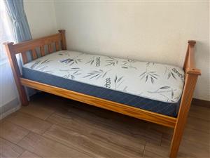 Solid wood bed with mattress and 2 wooden draws