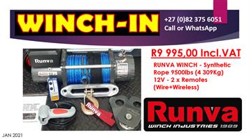 RW9500S-RUNVA WINCH - Synthetic Rope 9500lbs(4309Kg) 12V - 2 Remotes 