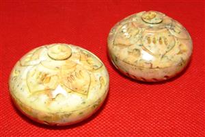 2 x Vintage Hand Carved Soap Stone Trinket Box with Lid
