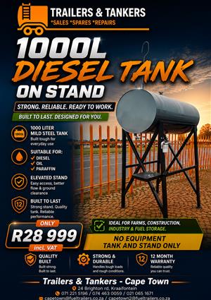 1000 Liter Mild Steel Tank on stand for Diesel/Oil/Paraffin