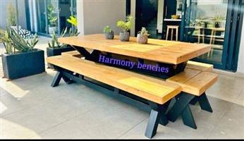 10 seaters crossed legs table and 4 benches