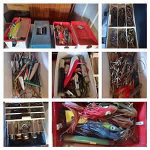 Assorted deep sea fishing gear including 12 rods
