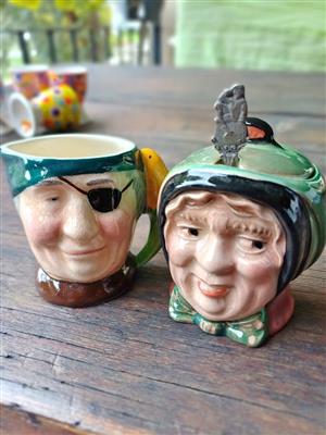 Condiment Set - Vintage Character Set – Pirate Toby Jug, Sairey Gamp Pot & Silver Spoon