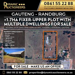 1.7HA FIXER-UPPER PLOT WITH MULTIPLE DWELLINGS IN RANDBURG FOR SALE