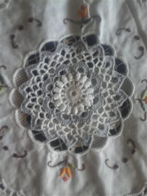 12 seater hand made grey crochet table cloth with 12 hand made material napkins 
