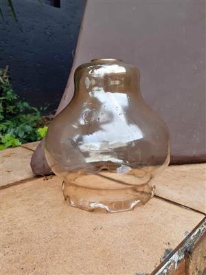 Vintage glass lamp shade with chimney, likely used for a kerosene or electric hurricane lamp.