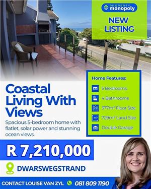 5 Bedroom Home with Stunning Sea Views For Sale in Dwarswegstrand