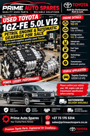 Used Toyota 1GZ-FE 5.0L V12 Petrol Engine & Automatic Gearbox For Sale