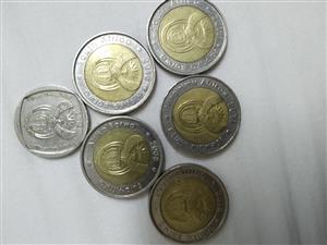 R5 Mandela coins and 1 R2