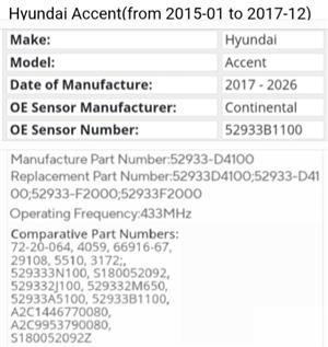 Hyundai Accent TPMS tyre pressure monitor sensors and valves 