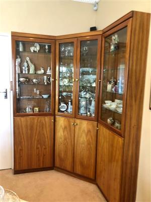 3 Piece Kiaat corner display cabinet with built in lights and storage