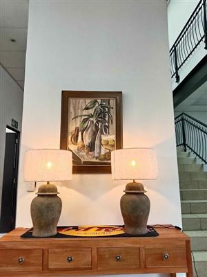 Pair of Rustic Ceramic Table Lamps with Fabric Shades (priced for the pair)