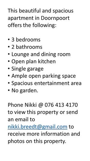 Very spacious 3 bedroom apartment for sale in Doornpoort