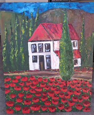 House with Red Poppies- Oil Painting 