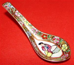 Antique Hand Painted Asian Porcelain Rice & Soup Spoon