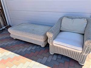White Rattan coffee table and large chair