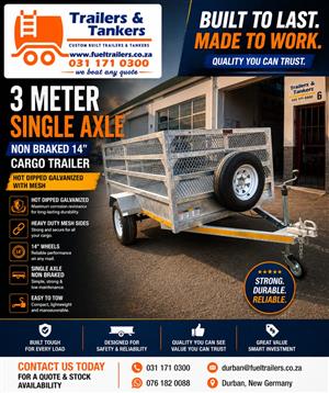 3 METER SINGLE AXLE NON BRAKED 14" CARGO TRAILER GALVANIZED WITH MESH