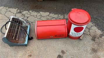 Antique Bread Box & Vintage Dustbin & Heater