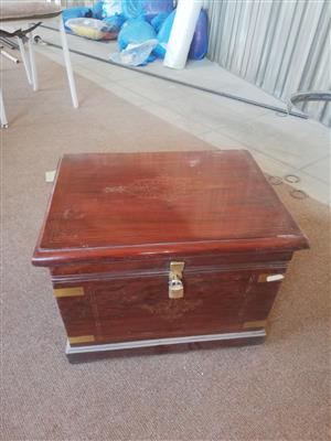 Rosewood table with brass inlay. Matching Rosewood chair. Small Rosewood kist
